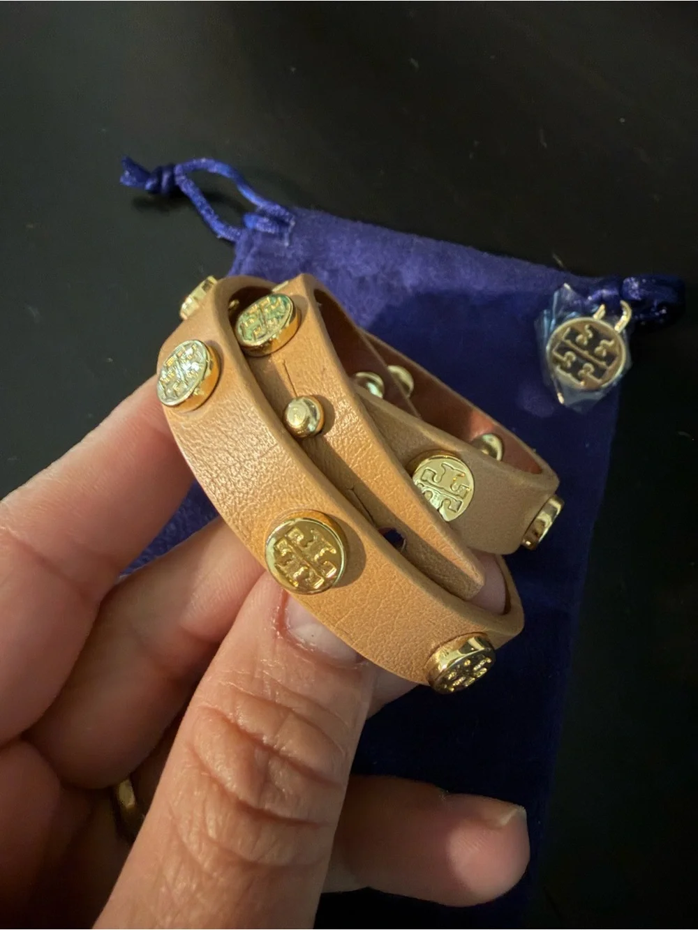 Tory Burch Tan Leather Double-Wrap Logo Bracelet with Gold Accents